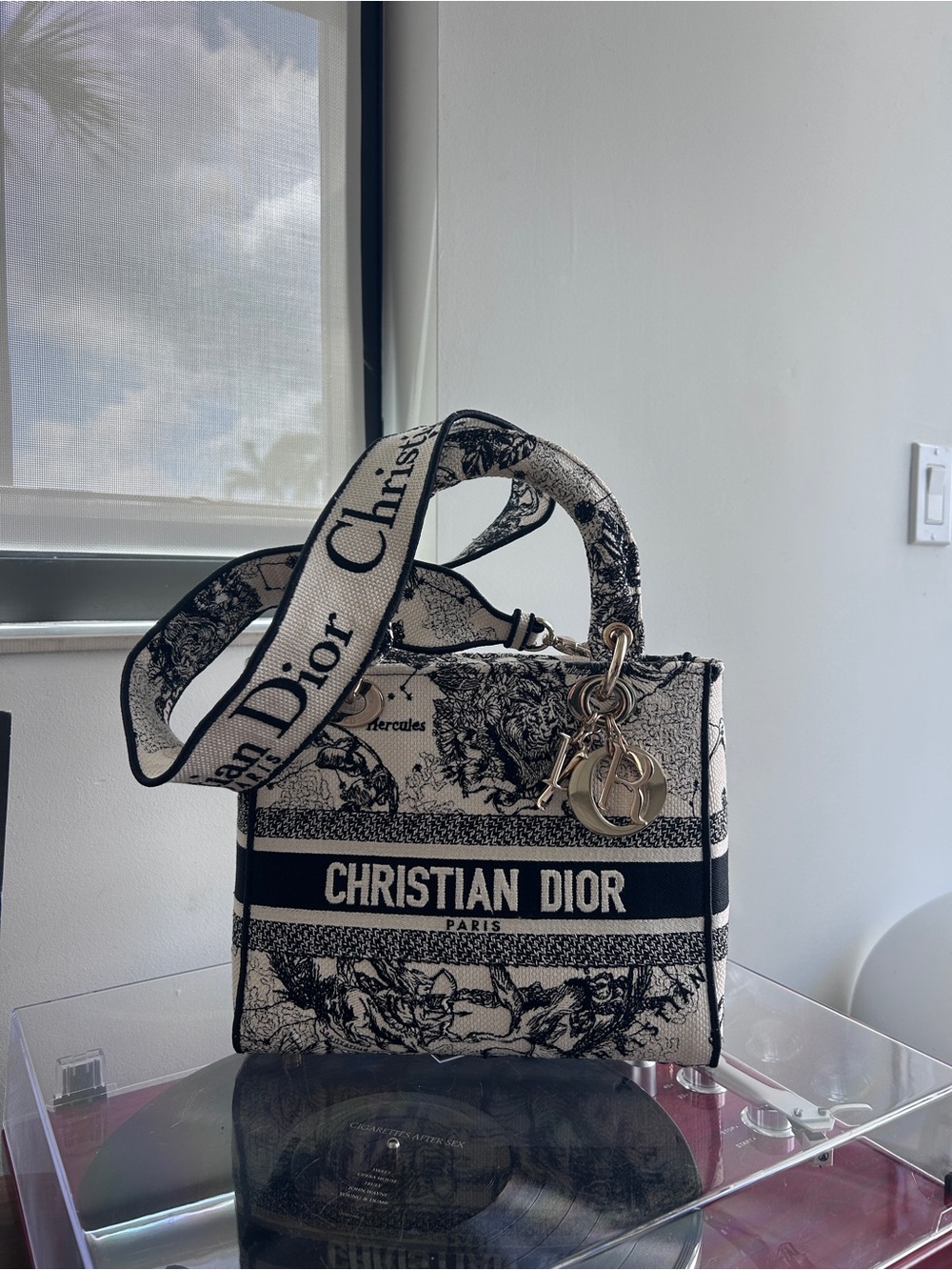 Dior Black and White Toile Lady Dior Tote with Logo Strap